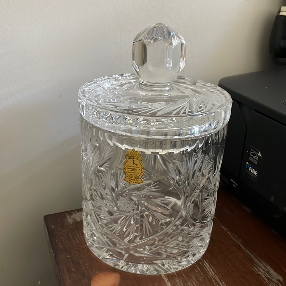 Imperlux hand cut crystal biscuit jar pinwheel design with lid